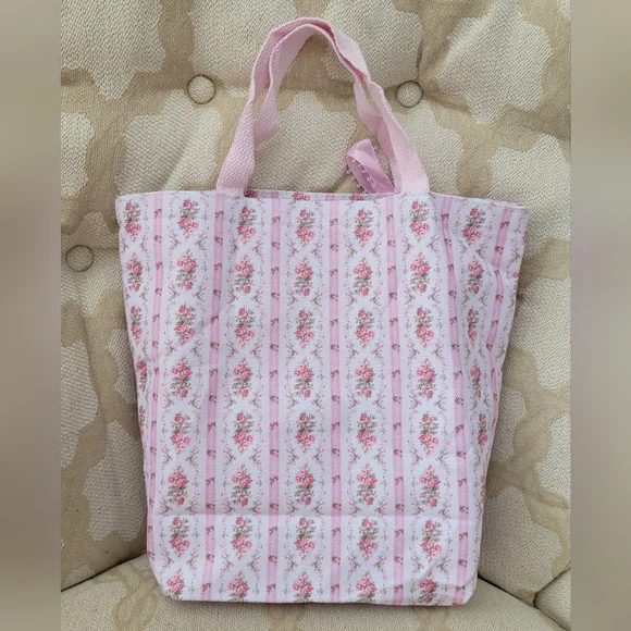 LOVESHACKFANCY X SUPERGA FLORAL BOW TOTE BAG PINK WHITE GOLD - Picture 2 of 14